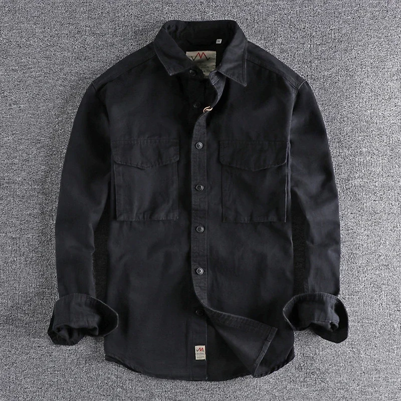 

For Simple Long Cotton Boyfriend Men Sleeve Color Style Shirt Handsome Premium Youth Japan Clothing Washing Lapel Cargo Solid