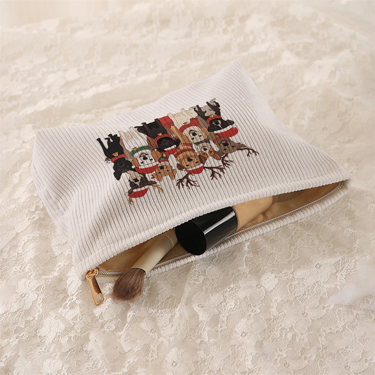 1 Christmas themed corduroy makeup bag, lightweight zipper makeup storage box, multifunctional bag with lining
