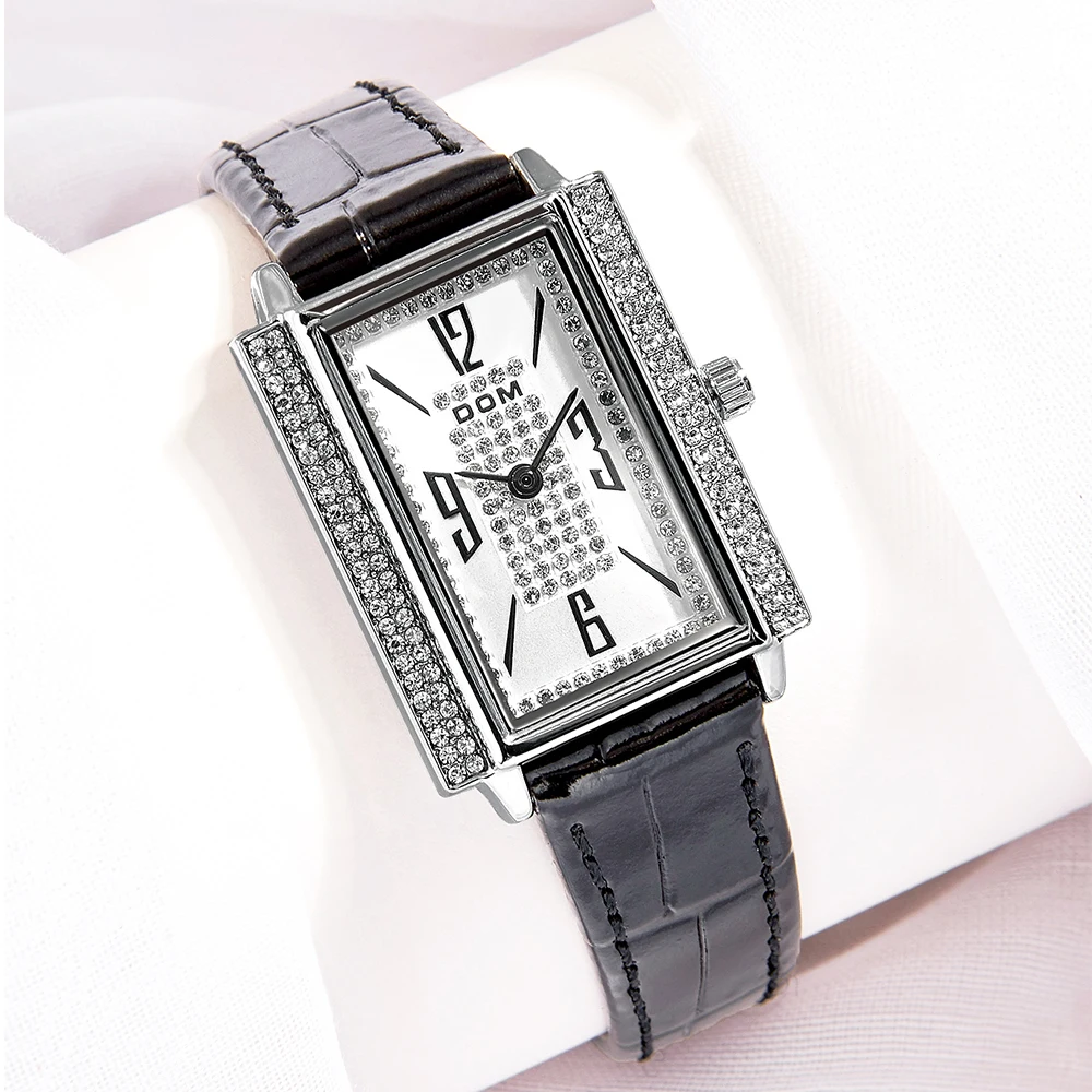 DOM new classic black small square watch woman for watch fashion light luxury casual Leather watch female clock G-1397