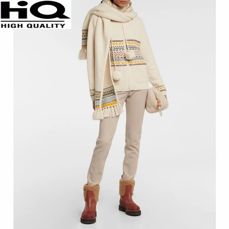 

0 Women Hooded Jacquard Pattern Pocket Zipper Wool Knitted Cardigan Sweater