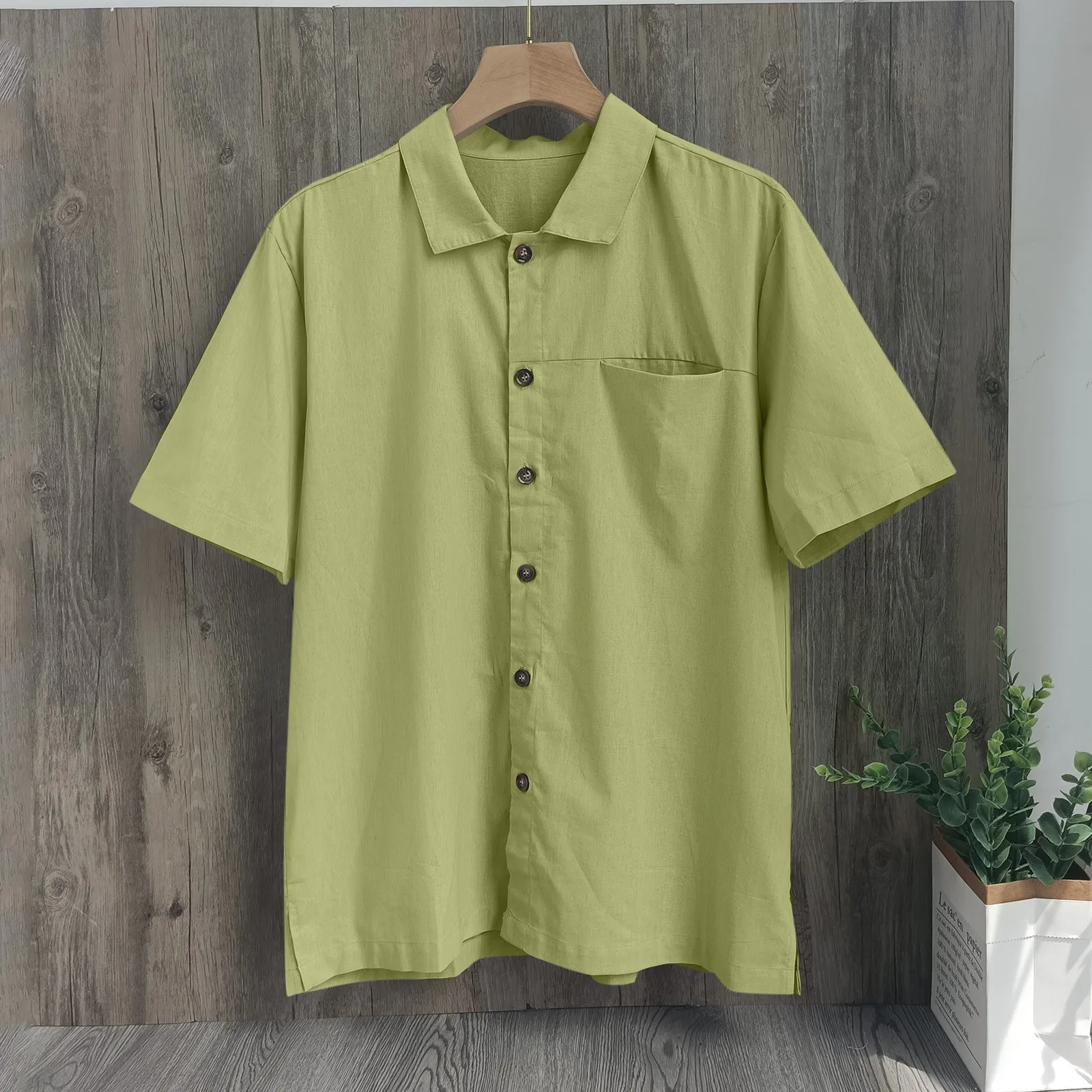 

Рубашка мужская с отложным воротником, винтажная блуза из хлопка и льна, декоративная сорочка с короткими рукавами и карманами, однотонная Повседневная Свободная рубашка