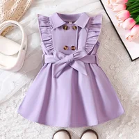 Wholesale Kids Girls Retro Solid Color Trench Belted Dress Double Breasted Elegant Summer Baby Dress 5