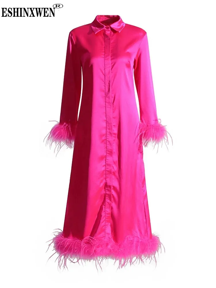 

Esihin Solid Color Patchwork Feathers Elegant Dresses For Women Lapel Long Sleeve High Waist A Line Dress Female New TH5851