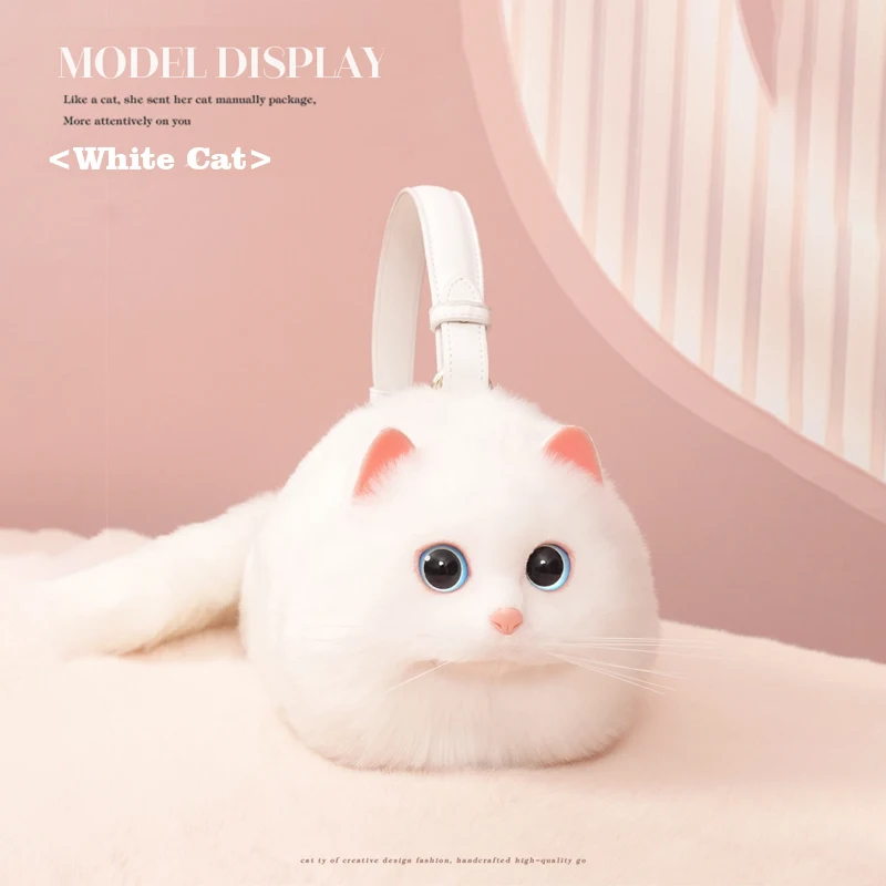 Fashion Women's White Cat Shaped Handbags Cute Kawaii Faux Fur Crossbody Bags Wallet Purse Plush Chain Shoulder Bag Lady Handbag