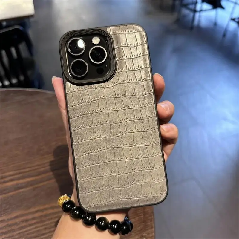 Fashion Cool Black Crocodile Pattern Leather Solid Color Phone Case For iPhone 11 12 13 14 15 Pro Max Shockproof Soft Cover Men