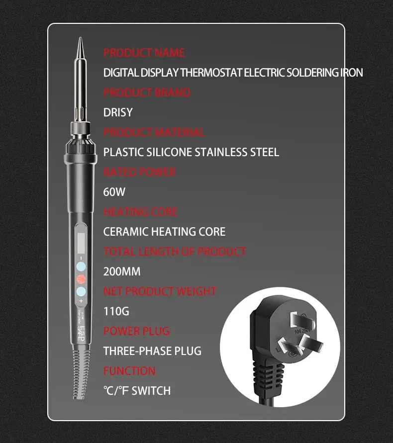 Kit de fer à souder électrique 60W, outil de soudage numérique à température réglable, étain de