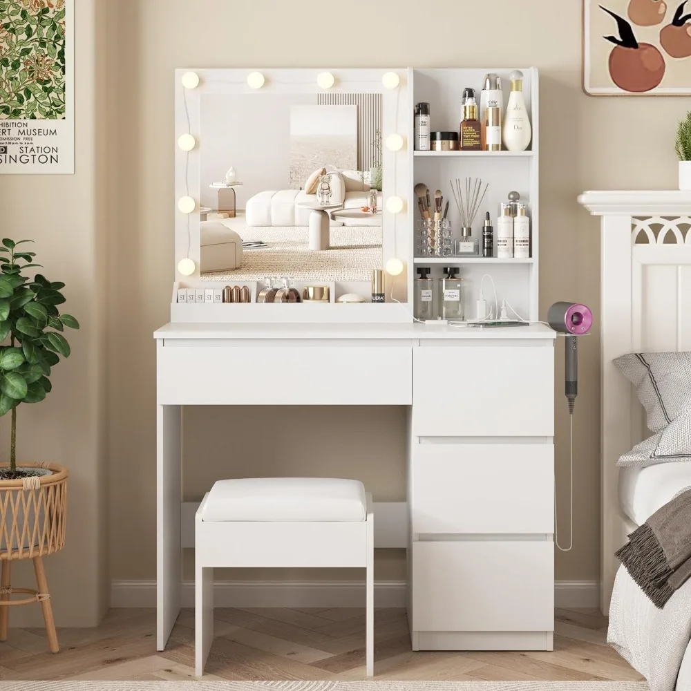 

Makeup Vanity Desk Set with Mirror & Light, Dressing Table Storage Lots with Power Strip, 3 Lighting Modes with Adjustable