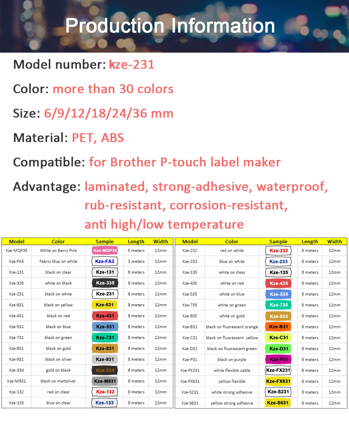6mm/9mm/12mm/18mm/24mm*8m muticolor ribbon label tapes Compatible for Brother P-TOUCH TZE label printer TZ-231 tz231 221 1PACK 6mm/9mm/12mm/18mm/24mm*8m muticolor ribbon label tapes Compatible for Brother P-TOUCH TZE label printer TZ-231 tz231 221 1PACK