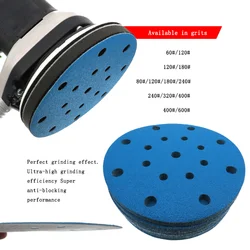 Papel de lija azul 20 piezas, 6 pulgadas, 150MM, 17 agujeros, 80 granos, bucle de gancho, película de poliéster, disco de lijado flocado, accesorios para herramientas de carpintería