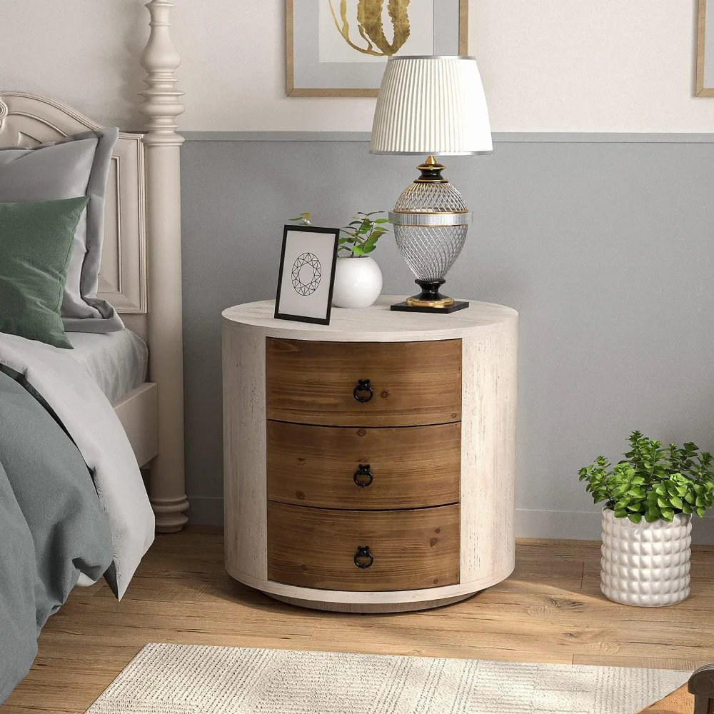 3-drawer wooden storage cabinet, 20" mdf round cabinet with vintage whitewash finish, nightstand with drawer, wooden bedside tab 3