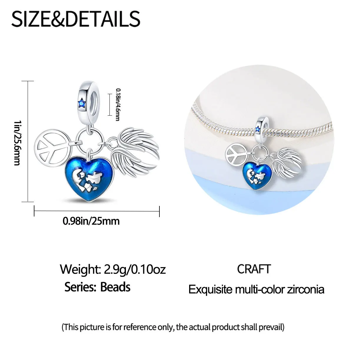 Silver Plated Beads with Colorful Crystal Pendant - Peace Dove, Globe, and Rose Heart Design