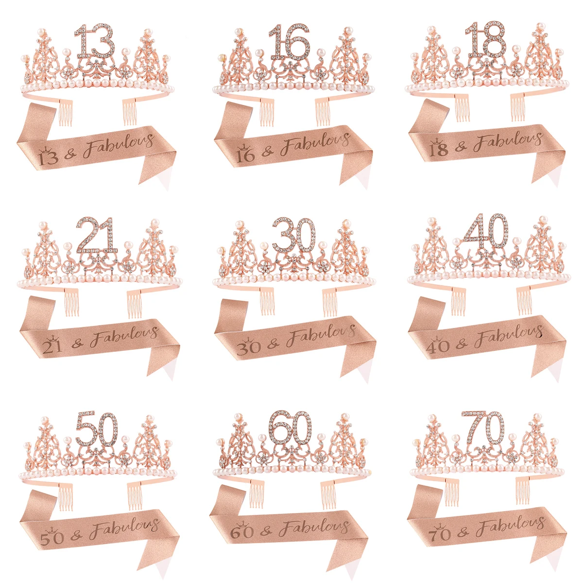13 16 18 21 30 40 & Fabelhafte Glitzerschärpe und Strass-Tiara-Krone in Roségold für Mädchen und Frauen, Geburtstagsparty-Dekorationszubehör