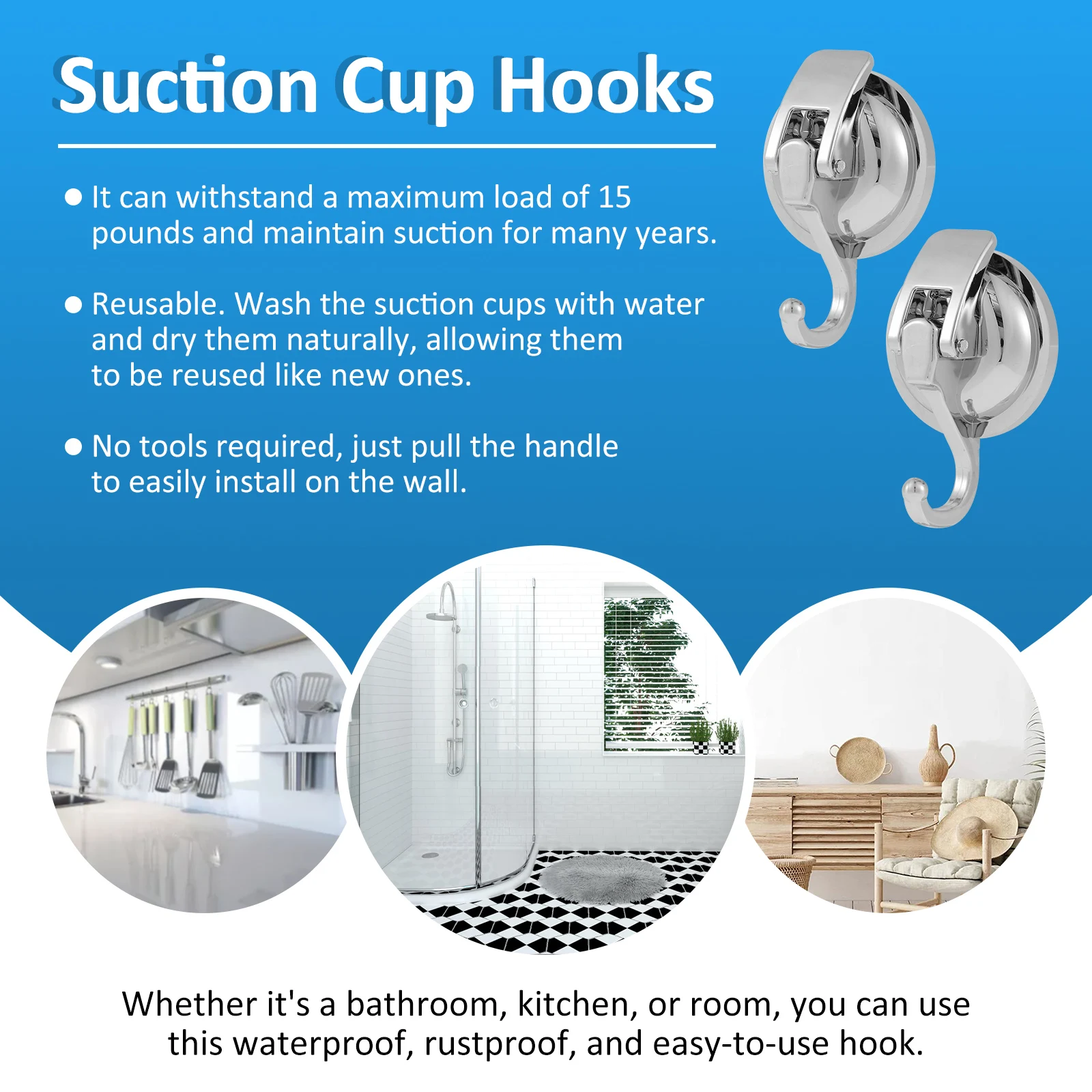 2/4Pcs Suction Cup Hook 15LB Super Suction Wall Hook No Drilling Vacuum Robe Clothes Towel Hook for Kitchen Bathroom Restroom