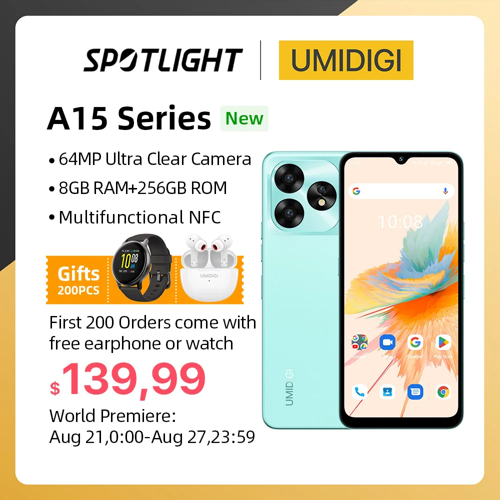  [World Premiere] UMIDIGI A15, A15C Smartphone NFC Android 13 ,6.7" FHD+Screen, 8GB 256GB 128G, 64MP Camera,5000mAh Mobile phone 