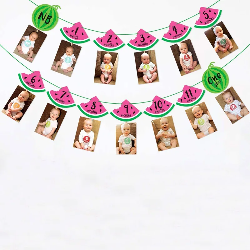 

1st Birthday Monthly Banner Watermelon Photo Banner Baby girl 12 months photo showing summer fruit party decorations