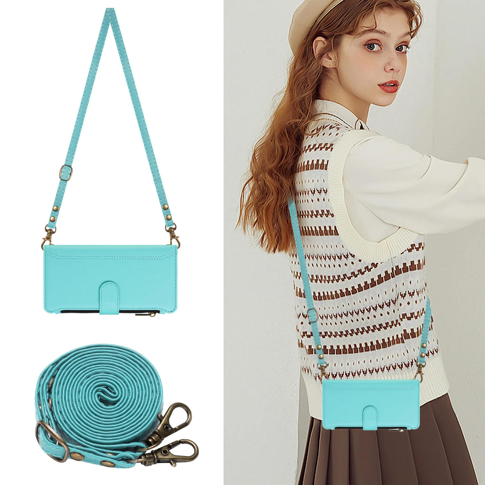 Elegant PU Leather Crossbody Wallet with Zipper and Wrist Strap