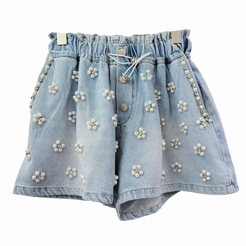 High Waist Slim Wide-Leg Denim Shorts for Women 2024 Summer New Heavy-Duty Diamond-Embedded Beaded Elastic Waist Short Jeans
