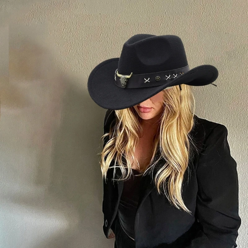 652F Funny Party Hats Cowboy Hat for Womens Fedora Western Hat Cowboy Leathers Band Costume Dress Up