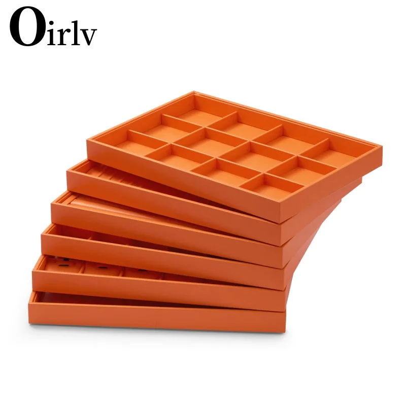 Oirlv Luxury Orange Leather Stackable Jewelry Tray Jewelry Drawer Organizer Trays Rings Earrings Storage Display Props velvet jewelry display tray case bracelet earring rings box organizer storage holder diy stackable jewelry drawer display boxes