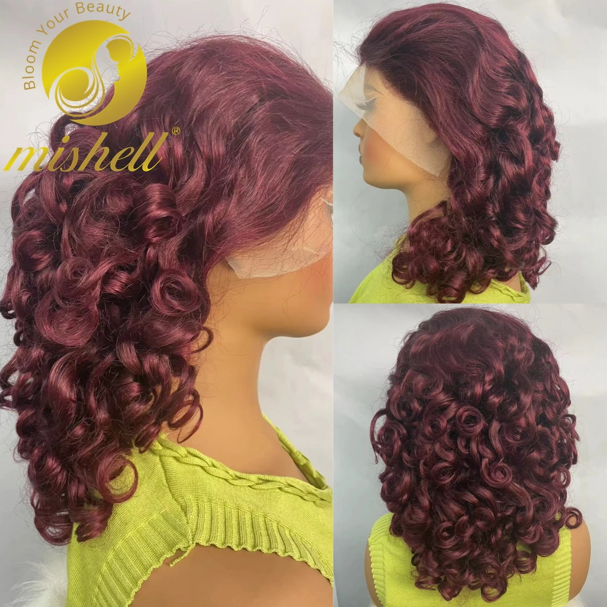 

250% Density 99J Burgundy Bouncy Curly Human Hair Wigs 13x4 Transparent Lace Front Wig Colored Spring Fumi Curly Wigs for Women