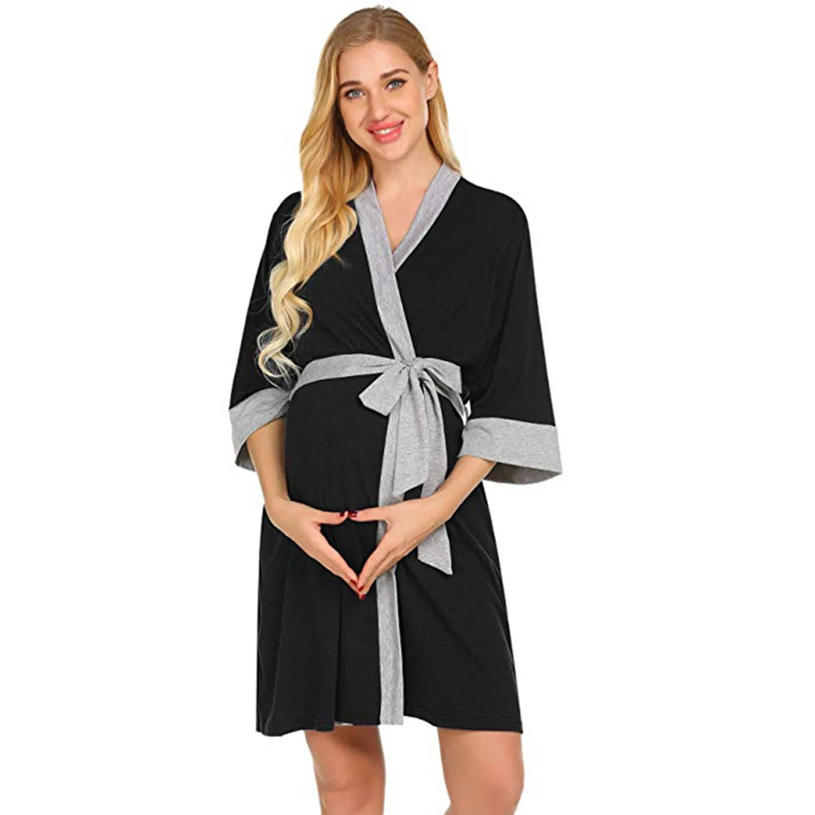 Women's Bathrobe Maternity Robe Nightgown Postpartum Home Nursing Dress Feeding Pajamas For Pregnant Belted Kimono Sleepwear