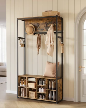 VASAGLE Hall Tree with Bench and Shoe Storage, Coat Rack with Shoe Bench, Hallway Furniture, Open Compartments