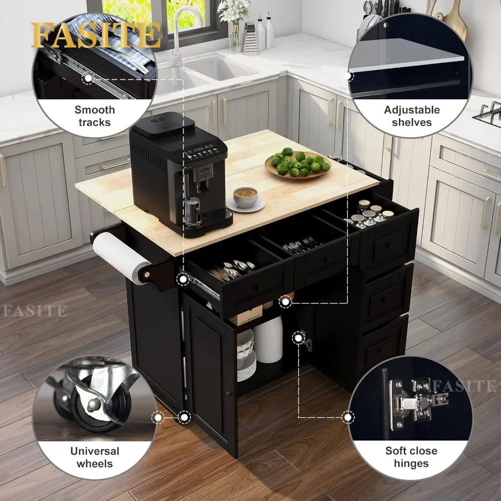 Kitchen Island with Drop Leaf,Kitchen Cart Rolling Mobile Island with Wooden Countertop, Spice Rack,Adjustable Shelves