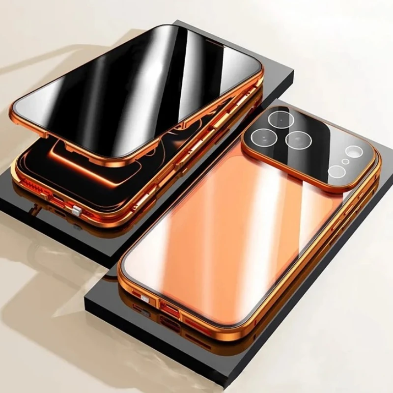 360 °   Étui de protection intégrale en métal magnétique avec verre double face et fermeture à pression pour la confidentialité, compatible avec iPhone 17 16 15 14 Plus 13 12 11 Pro Max 16E
