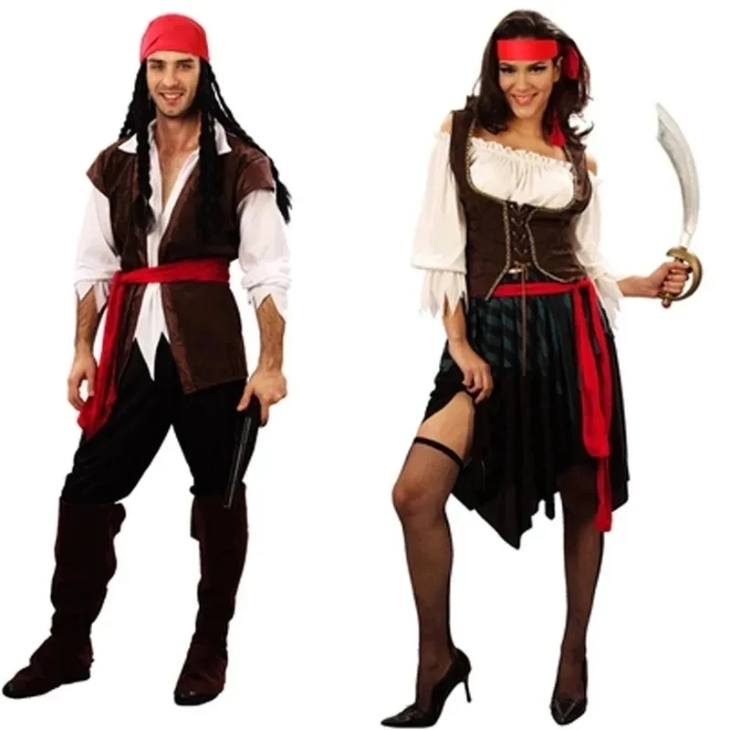 Pirata Pirati dei Caraibi Cosplay Capitano Jack Sparrow Costume Uomo Donna Maschio Femmina Carnevale Halloween Set sexy - immagine 3