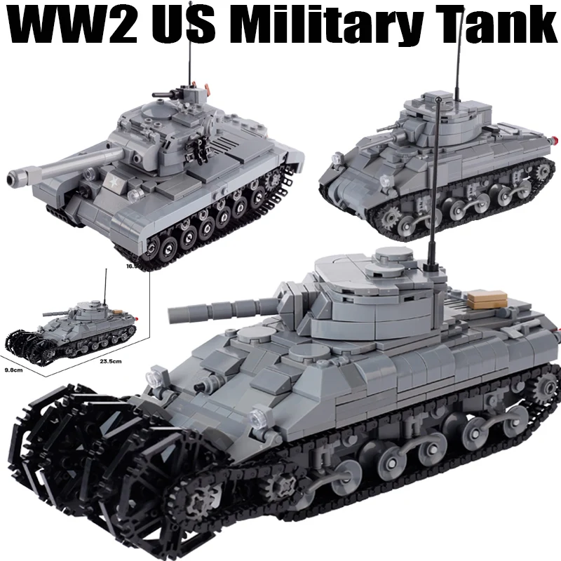 

WW2 US Military Tank Model Building Blocks WW1 Army Soldier Figures M4 M26 Vehicle Car Cannon War Infantry Weapons Bricks Gifts