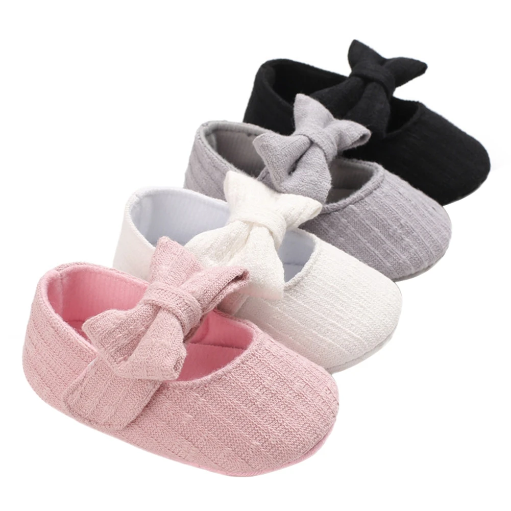 Baby Girls Solid Color Crib Shoes with Bow-knot, Soft Sole Anti-slip Low-cut Princess Shoes for Spring, Fall
