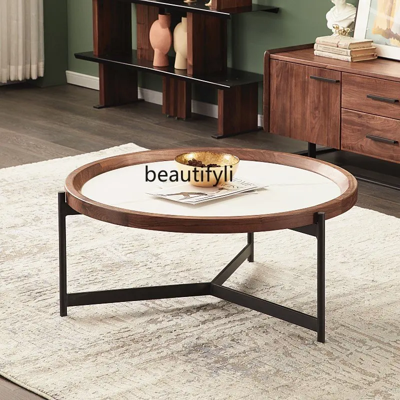 

zq Stone Plate Coffee Table round Combination Black Walnut Iron Coffee Table Living Room Creative Side Table