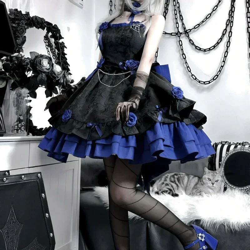 

COALFELL Vintage Blue Gothic Lolita Jsk Dress Women Elegant Rose Ruffles Bow Princess Dresses Halloween Girls Tea Party Dress