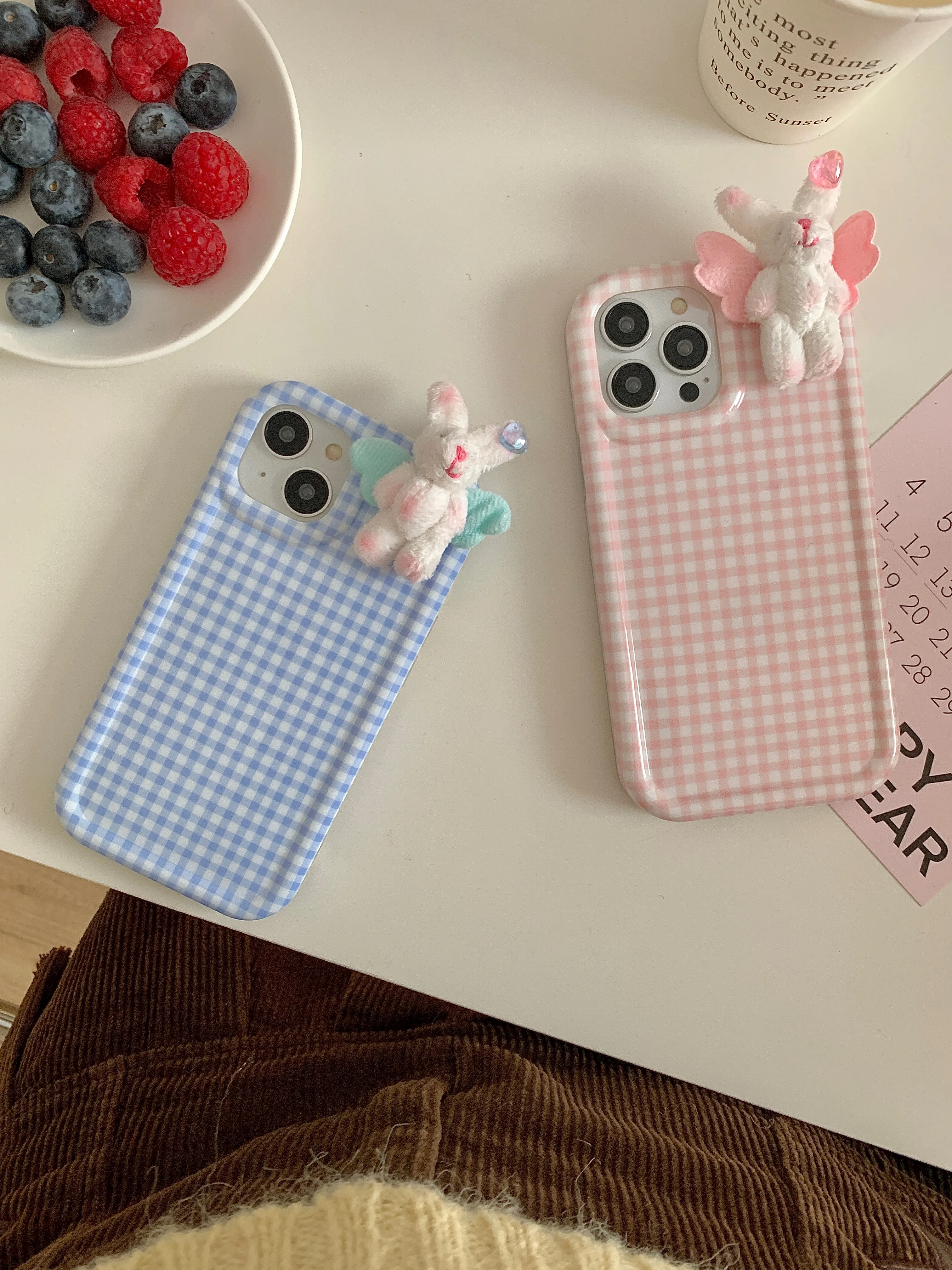 Korean INS Cute Cartoon Furry Wing Bear Check Case for iPhone 15 14 13 Pro Max 12 Pro Plus 11 Shockproof Soft Silicone IMD Cover