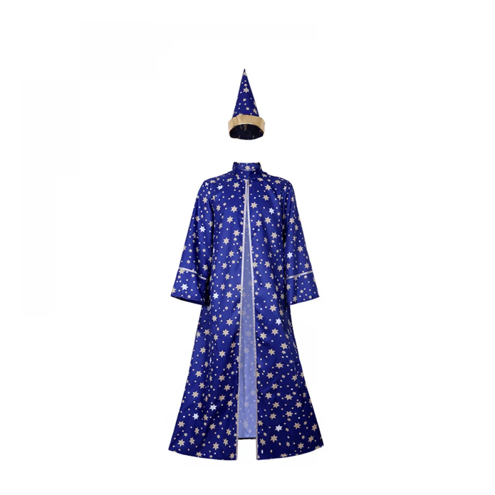 Men Magic Magician Costume with Blue Robe Cloak Hat Star Moon Magician Wizard Cosplay Costume Adult Role Playing Clothing