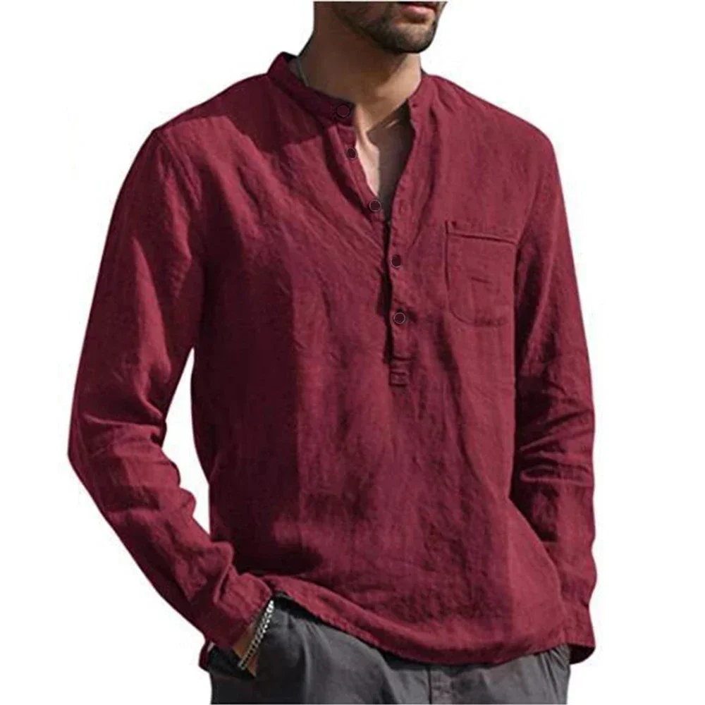 Cotton Linen Men's Long-Sleeved Shirts Summer Solid Color Stand-Up Collar Casual Beach Style Plus Size linen shirt cotton shirt