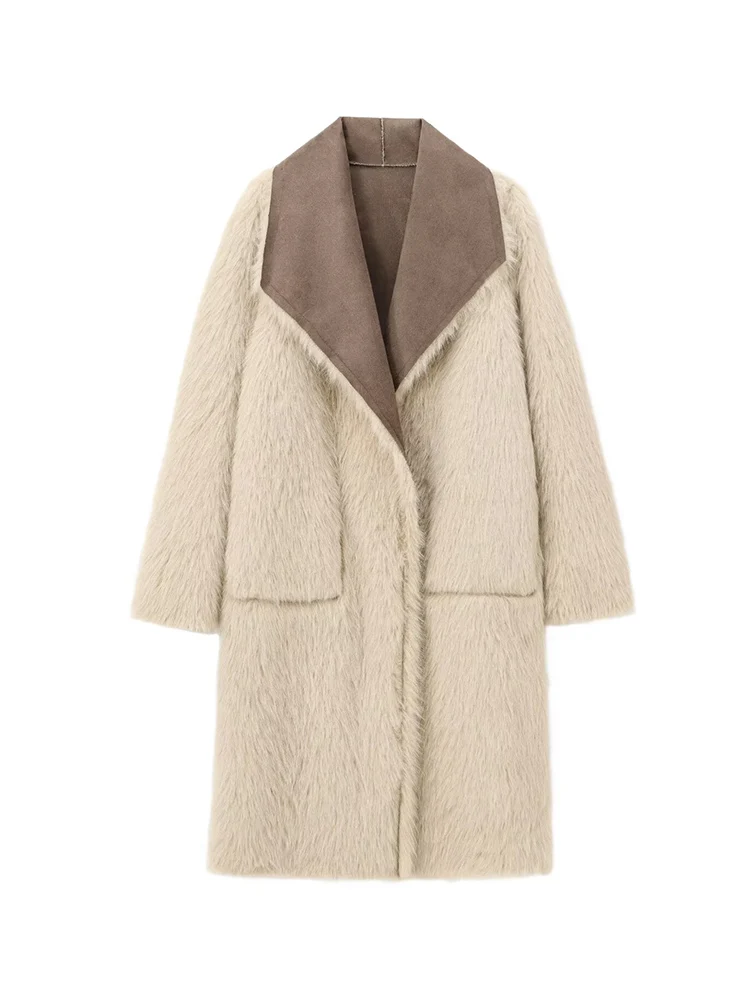 Women Retro Reversible Long Coat Casual Faux Fur Lapel Single Button Pocket Jacket Ladies Winter Fashion Street Warm Outwear