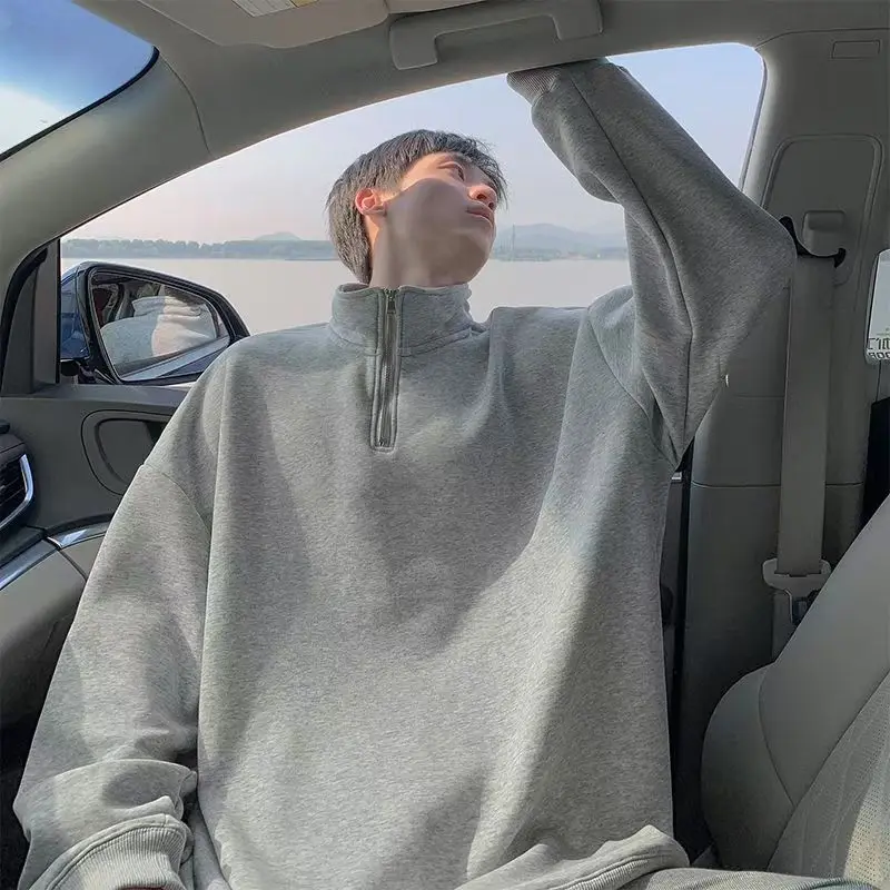 Loose Fit Men's Hoodie Spring Autumn American Retro Simple  Color Casual Jaet Student Top f Zipper Long Sve Swea...