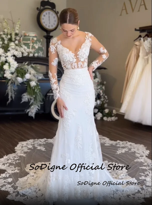 SoDigne Mermaid Boho Wedding Dresses V-neck Full Sleeves Tulle Appliques Bridal Dress Wedding Gown Robe De Mairee Customized 13 Sa0886d294f4544b5a407af17c62294c0U