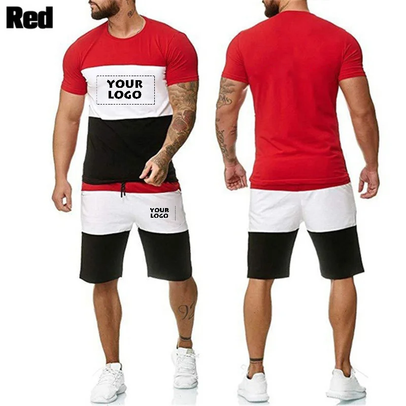 Custom Your Logo 2 Piece Summer Tracksuit for Men Patchwork T Shirts and Shorts Drawstring Waist Casual Loose Sports Streetwear