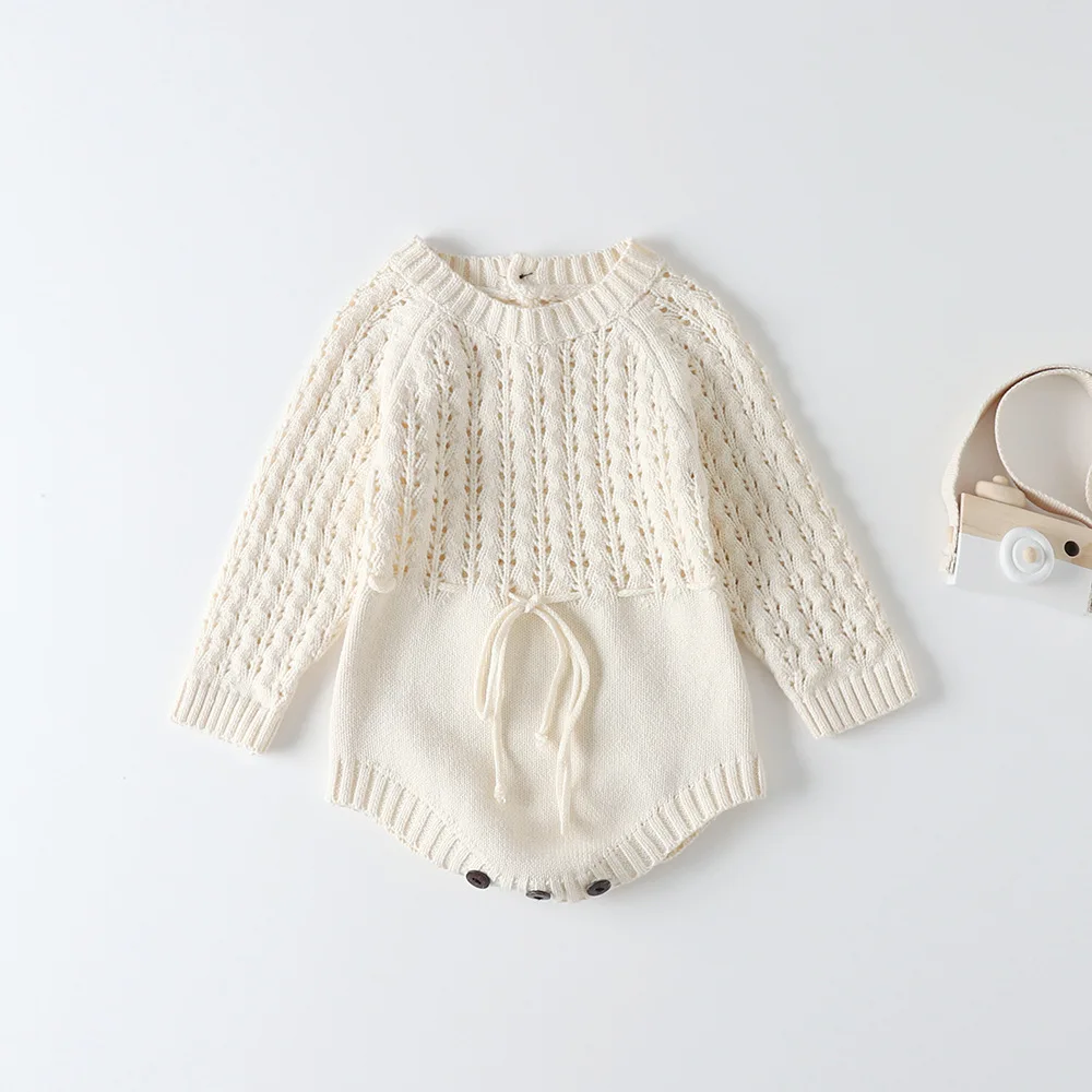 

2023 Spring and Autumn Dress Girl Baby Knitted Hollow Waist Long Sleeve Sweetheart Triangle Wrapped Fart One Piece Creeper