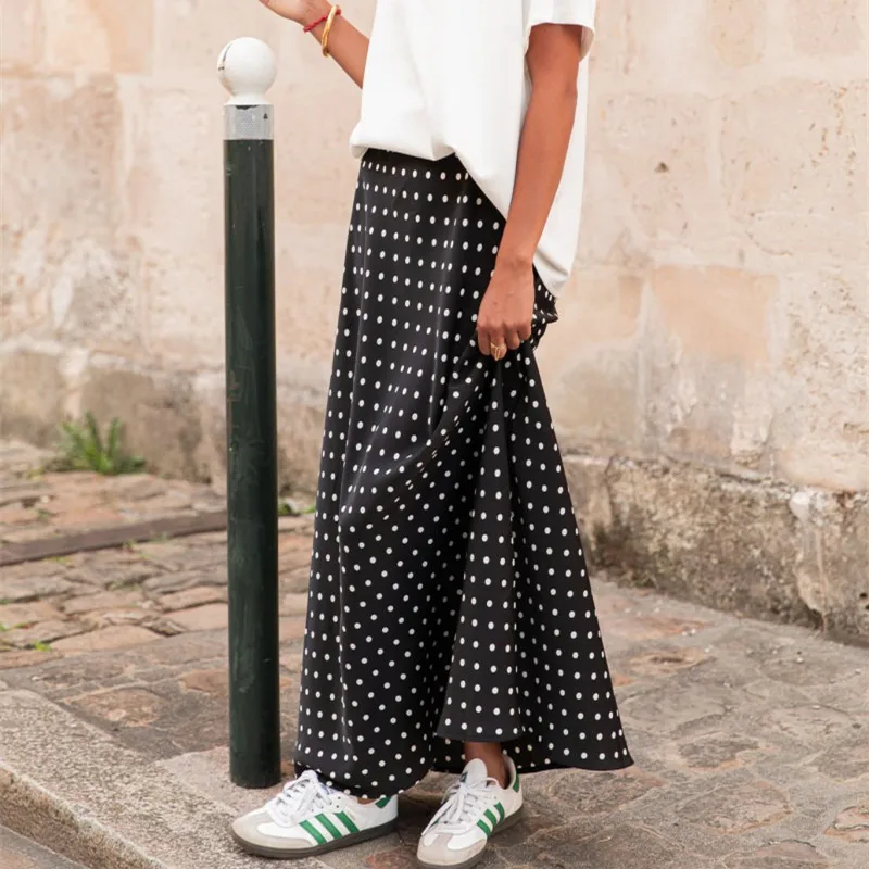 Women Polka Dot Maxi Skirt Elegant Bodycon A Line Flare Long Skirts Cute Dots Print Flowy Maxi Satin Skirt Vintage Streetwear 1