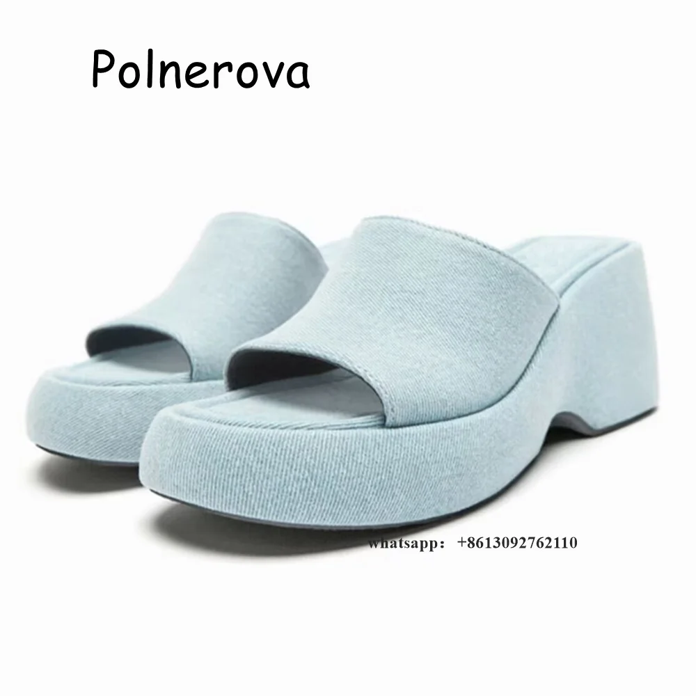 

Туфли женские джинсовые на танкетке, повседневные Элегантные, синие шлепанцы из денима, без застежки, на платформе, модная верхняя одежда, на лето