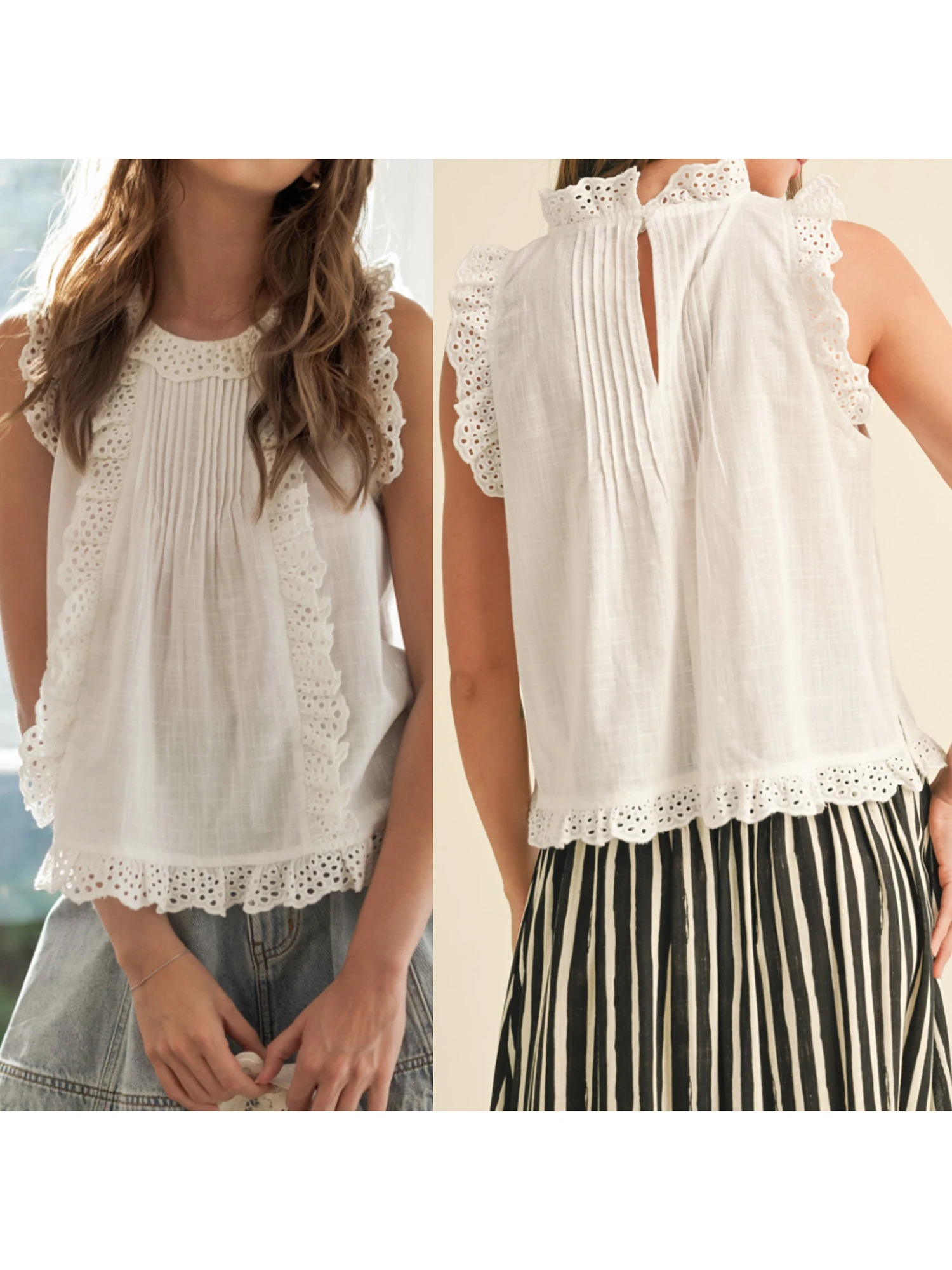 Stylish Women s Sleeveless Lace Trim Tank Top with Round Neck and Loose Fit - Solid Color Trendy Shirt for Summer