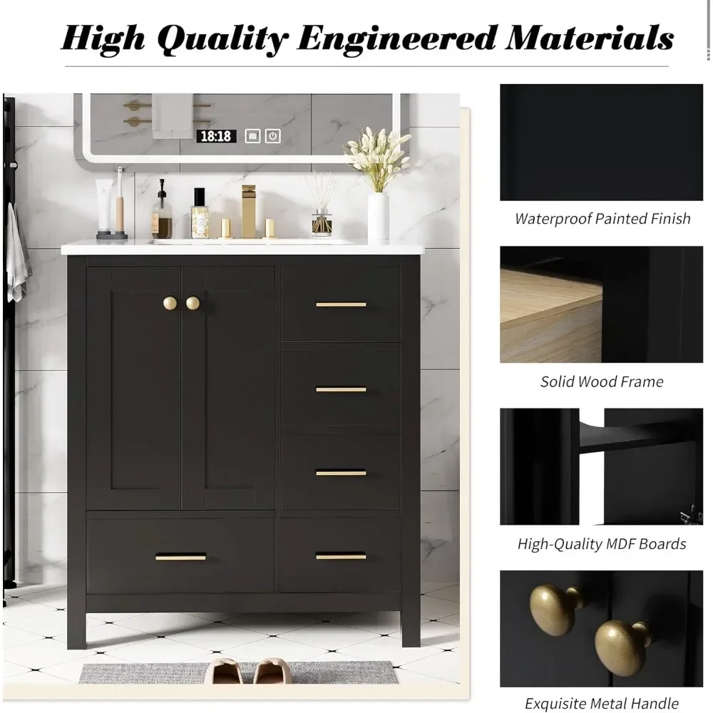 30" Bathroom Vanity , Modern Bathroom Sink Cabinet with 2 Doors and 4 Drawers,  with Undermount Resin Sink, Black 5