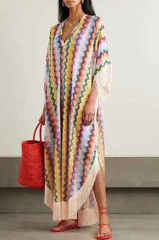 Bohemian Wave Print Long Dresses Women Fashion Casual Vacation Style Irregular V-neck Loose Dress Tassel Patchwork Beach Vestido 1