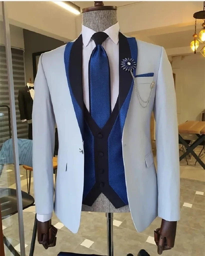 Light Blue Costume Homme Men Suit 3 Pieces Fashion Slim Fit Suit Groom Tuxedos Terno Wedding Blazer (Jacket+Pants+Vest)