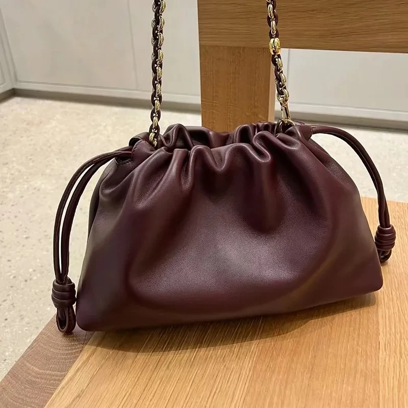 New Women's Cloud Bag Drawstring Hobos Bag Crossbody Bag Real Leather One Shoulder Bag Casual Bucket Bag 4