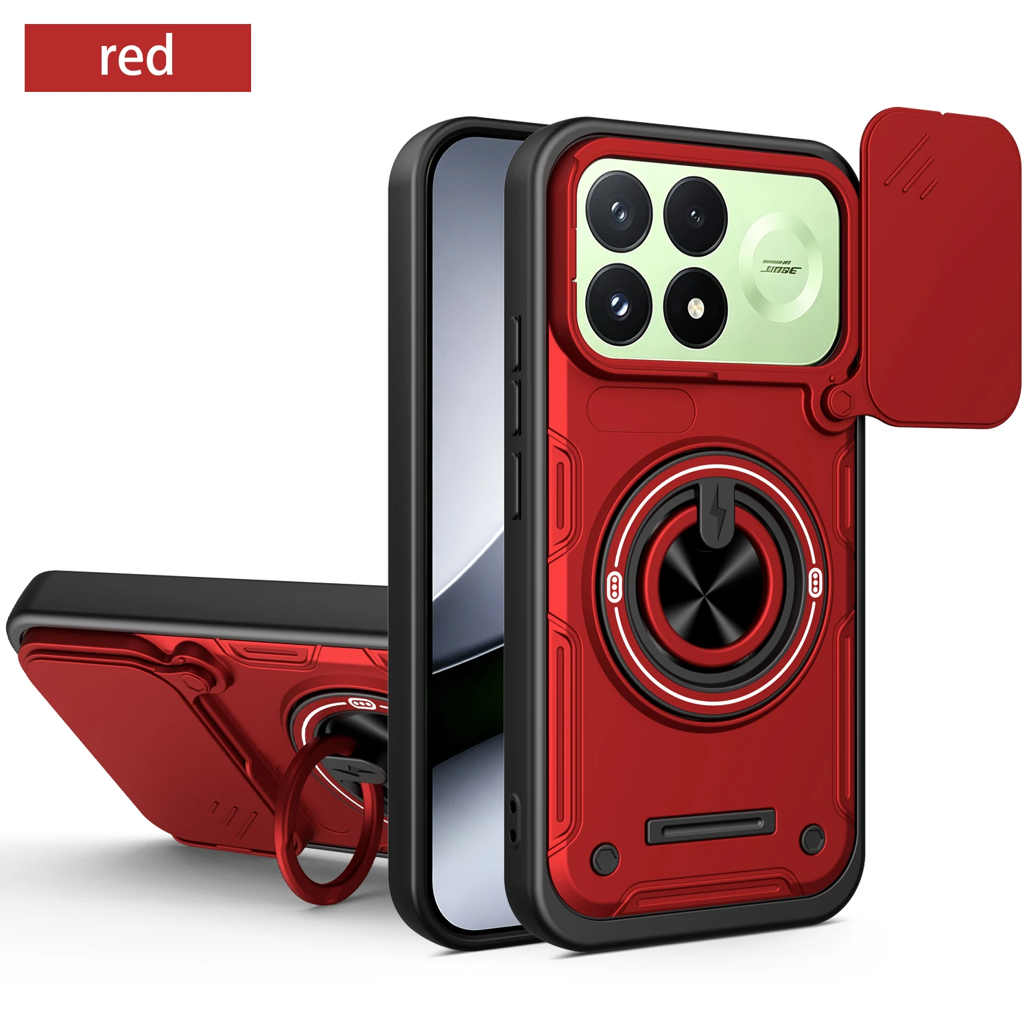 Armor Shockproof Phone Case with Sliding Camera Protector and Metal Ring Stand Holder