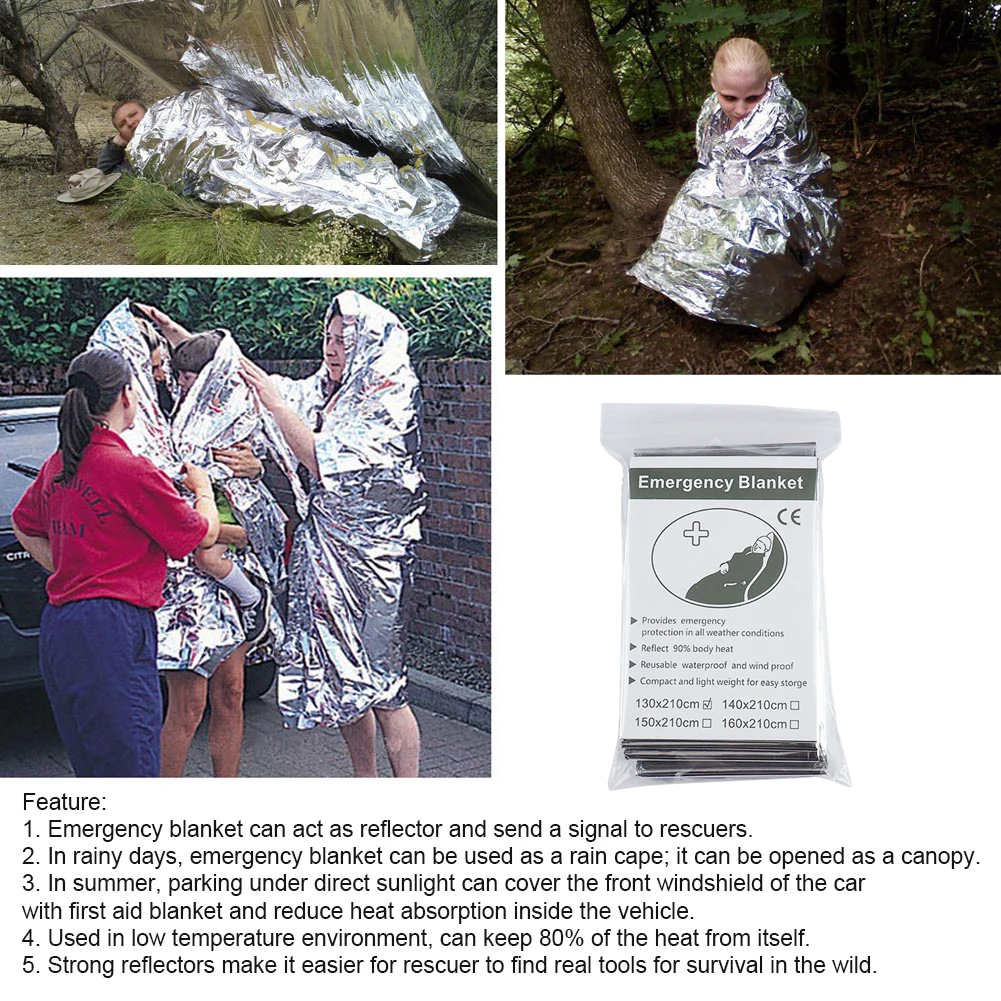 130x210cm Gigantic Space Blanket Emergency Supplies Foil Mylar Thermal Blanket Silver Foil Perfect for Hiking Marathons emergency blanket